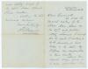 Andrew Ernest Stoddart. Middlesex & England 1885-1900. Two page folding letter handwritten in ink by Stoddart, undated. Writing to &lsquo;Dear [A.W.] Rammell, Stoddart is handing in his resignation as President of The Stoics Cricket Club. He states, &lsquo;What you w
