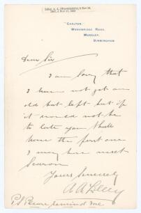 Arthur Frederick Augustus &lsquo;Dick&rsquo; Lilley. Warwickshire & England 1894-1911. Single page handwritten undated letter in ink from Lilley to an unknown correspondent. Lilley is writing in reply to a request for one of his bats, stating &lsquo;I am sorry that I have 