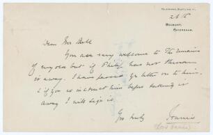 Lord Harris, George Robert Canning Harris, Kent & England 1870-1911. Single page handwritten letter to a &lsquo;Mr Bell&rsquo;, written on Belmont, Faversham, headed note paper and dated &lsquo;26th&rsquo; (year unknown). Lord Harris writes &lsquo;You are very welcome to the remains o