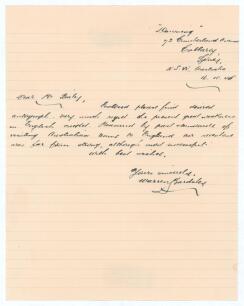 Warren Bardsley. New South Wales & Australia 1903-1926. Single page handwritten letter on ruled paper from Bardsley to a &lsquo;Mr Bailey&rsquo;. Dated 16th October 1948, writing from Sydney, Bardsley is responding to a request for his autograph. He continues, &lsquo;Very 