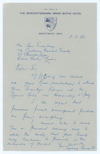 Arthur Lindsay Hassett. Victoria & Australia 1932-1953. Single page handwritten letter in ink from Hassett on The Worcestershire Brine Baths Hotel, Droitwich letterhead. Dated 3rd May 1956 while attending the tour match at Worcester, Hassett is writing to