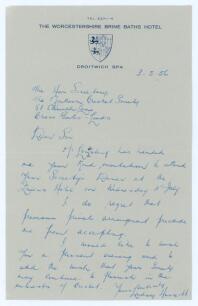 Arthur Lindsay Hassett. Victoria & Australia 1932-1953. Single page handwritten letter in ink from Hassett on The Worcestershire Brine Baths Hotel, Droitwich letterhead. Dated 3rd May 1956 while attending the tour match at Worcester, Hassett is writing to