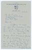 Arthur Lindsay Hassett. Victoria & Australia 1932-1953. Single page handwritten letter in ink from Hassett on The Worcestershire Brine Baths Hotel, Droitwich letterhead. Dated 3rd May 1956 while attending the tour match at Worcester, Hassett is writing to