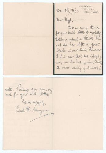 Hon. Lionel Hallam Tennyson. Hampshire & England 1913-1935. Two page folding &lsquo;In Memoriam&rsquo; letter handwritten in ink by Tennyson to &lsquo;Dear Hugh [Pakenham]&rsquo;. Dated 12th December 1916, Tennyson is writing to thank Pakenham for his &lsquo;kind letter of sympathy&rsquo; f