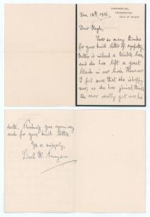 Hon. Lionel Hallam Tennyson. Hampshire & England 1913-1935. Two page folding &lsquo;In Memoriam&rsquo; letter handwritten in ink by Tennyson to &lsquo;Dear Hugh [Pakenham]&rsquo;. Dated 12th December 1916, Tennyson is writing to thank Pakenham for his &lsquo;kind letter of sympathy&rsquo; f
