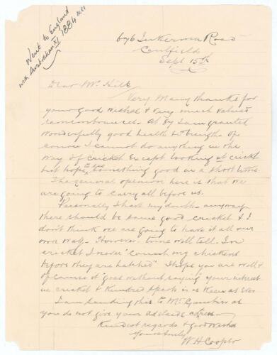 William Henry Cooper. Victoria & Australia 1878-1885. Very rare single page handwritten letter from Cooper, written on ruled paper, dated &lsquo;Sept 15th [1936]&rsquo;. Cooper is writing to &lsquo;Mr. Hill&rsquo;, being Les R. Hill, the cricket writer and collector base in Moun
