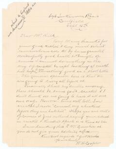 William Henry Cooper. Victoria & Australia 1878-1885. Very rare single page handwritten letter from Cooper, written on ruled paper, dated &lsquo;Sept 15th [1936]&rsquo;. Cooper is writing to &lsquo;Mr. Hill&rsquo;, being Les R. Hill, the cricket writer and collector base in Moun