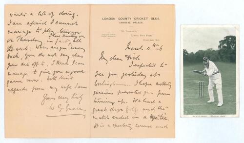William Gilbert Grace. Gloucestershire & England, 1870-1899. Two page folding hand written letter, on London County Cricket Club letterhead, from Grace to &lsquo;My dear Dick&rsquo; (presumably being Richard Moore &lsquo;Dick&rsquo; Bell. London County 1902-1904) regarding his n