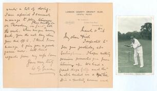 William Gilbert Grace. Gloucestershire & England, 1870-1899. Two page folding hand written letter, on London County Cricket Club letterhead, from Grace to &lsquo;My dear Dick&rsquo; (presumably being Richard Moore &lsquo;Dick&rsquo; Bell. London County 1902-1904) regarding his n