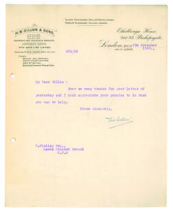 Edward Wentworth &lsquo;Ted&rsquo; Dillon. Kent & Oxford University 1900-1923. One page type written letter from Dillon to William Findlay, Secretary of M.C.C. The letter, dated 8th November 1923, on &lsquo;H.W. Dillon & Sons, Steamship and Insurance Brokers&rsquo; headed paper.
