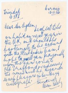 Benjamin James &lsquo;Ben&rsquo; Sealy. Trinidad & West Indies 1923-1941 (1 Test 1933). Also known as Ben Sealey. Single page handwritten letter in blue ink from Sealy, dated 12th November 1956, writing to a &lsquo;Mr Ogden&rsquo; to say he will be travelling to England &lsquo;next ye