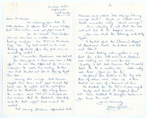 Alexander John &lsquo;Sandy&rsquo; Bell. Western Province, Rhodesia & South Africa 1925-1939. Two page handwritten letter in blue biro on ruled paper from Bell with very good cricket content relating to &lsquo;Bodyline&rdquo;. Dated 22nd January 1971 and writing from East London