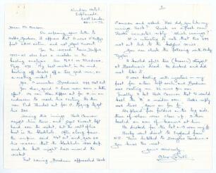Alexander John &lsquo;Sandy&rsquo; Bell. Western Province, Rhodesia & South Africa 1925-1939. Two page handwritten letter in blue biro on ruled paper from Bell with very good cricket content relating to &lsquo;Bodyline&rdquo;. Dated 22nd January 1971 and writing from East London
