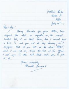 Harold Larwood. Nottinghamshire, Europeans & England 1924-1938. Single page handwritten letter in ink from Larwood on plain ruled paper, dated 29th July 1977. Writing from the Victoria Hotel in Nottingham where Larwood was attending the 3rd Ashes Test at 