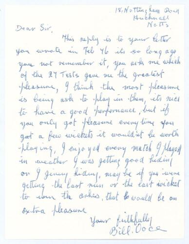 William &lsquo;Bill&rsquo; Voce. Nottinghamshire & England 1927-1952. Single page handwritten letter from Voce writing from his home in Hucknall. The letter is undated but is a late reply to a letter of &lsquo;Feb 76&rsquo; in which he was asked &lsquo;which of the 27 Tests gave me th