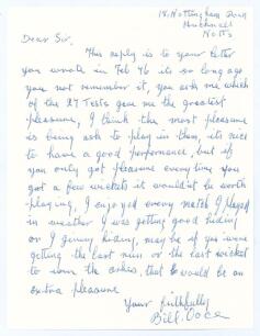 William &lsquo;Bill&rsquo; Voce. Nottinghamshire & England 1927-1952. Single page handwritten letter from Voce writing from his home in Hucknall. The letter is undated but is a late reply to a letter of &lsquo;Feb 76&rsquo; in which he was asked &lsquo;which of the 27 Tests gave me th