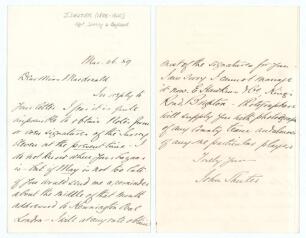 John Shuter. Kent, Surrey and England 1874-1909. Two page handwritten letter in ink, dated 26th March 1889, from Shuter to a Miss Macdonald who is organising a fundraising bazaar. Shuter writes &lsquo;I fear it is quite impossible to obtain notes from or even s