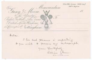 William Gunn, Nottinghamshire and England 1880-1904. Handwritten note on &lsquo;Gunn & Moore&rsquo; headed memorandum sheet, undated, responding to a request from a lady collector for his signature. &lsquo;I have much pleasure in responding to your wish to possess my autog