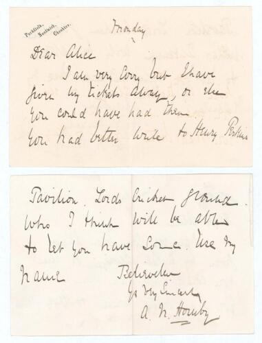 Albert Neilson &lsquo;Monkey&rsquo; Hornby. Lancashire & England 1867-1899. Two page handwritten note in ink on &lsquo;Parkfield, Nantwich, Cheshire&rsquo; headed paper from Hornby to &lsquo;Dear Alice&rsquo;, undated. Hornby writes &lsquo;I am very sorry but I have given my tickets away, or else