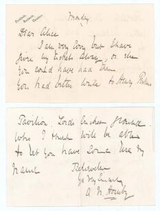 Albert Neilson &lsquo;Monkey&rsquo; Hornby. Lancashire & England 1867-1899. Two page handwritten note in ink on &lsquo;Parkfield, Nantwich, Cheshire&rsquo; headed paper from Hornby to &lsquo;Dear Alice&rsquo;, undated. Hornby writes &lsquo;I am very sorry but I have given my tickets away, or else