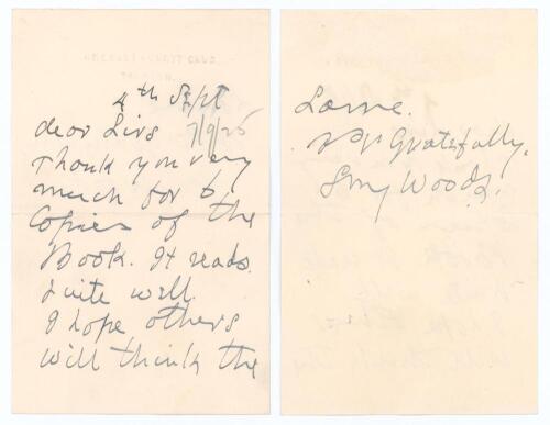 Samuel Moses James &lsquo;Sammy&rsquo; Woods, Somerset, Cambridge University, England & Australia 1886-1910. Small two page handwritten note in ink dated &lsquo;4th Sept&rsquo;. Presumably writing to a publisher, Woods thanks them &lsquo;for 6 copies of the Book. It reads quite well. 
