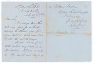 Walter William Read. Surrey & England 1873-1897. Two page handwritten folding letter in ink from Read to a &lsquo;W. Moreton Esq&rsquo;, dated 22nd July 1904. Read is sending his thanks &lsquo;for your extreme kindness... As you know full well when any body is in temporary