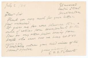 Edward Ferdinando Sutton Tylecote. Oxford University, Kent & England 1869-1886. Single page handwritten letter in ink from Tylecote, dated 2nd July 1934. Writing from his home in Hunstanton, Norfolk, to an unknown correspondent, Tylecote states &lsquo;[Your let