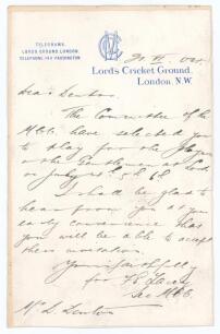 Francis Eden Lacey. Hampshire & Cambridge University 1880-1897. Single page handwritten letter in ink on official M.C.C., Lord&rsquo;s letterhead from Lacey to David Denton (Yorkshire & England 1894-1920). Dated &lsquo;21 VI [19]04&rsquo;, Lacey writes &lsquo;The Committee of th