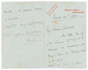 Lord Martin Bladen Hawke, Yorkshire & England 1881-1911. A two page handwritten folding letter in ink from Lord Hawke, who was Captain of Yorkshire for many years, to &lsquo;My dear Talbot&rsquo;, dated 14th March 1900. Writing from his home at Wighill Park, Tadcaste