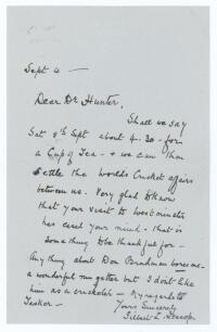 Gilbert Laird Jessop. Gloucestershire, Cambridge University, London County & England 1894-1914. Nice single page handwritten letter dated &lsquo;Sept 4&rsquo; (year unknown, possibly 1930s), to &lsquo;Dear Dr. Hunter&rsquo; with interesting cricket content. Jessop is arranging t