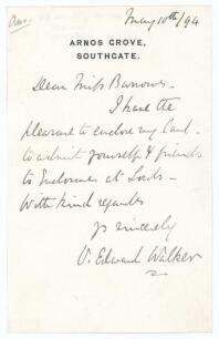 Vyell Edward Walker. Middlesex 1859-1877. Single page handwritten note in ink from Walker to &lsquo;Miss Burrows&rsquo;, dated 10th May 1894. Written on Arnos Grove, Southgate headed paper, Walker writes &lsquo;I have the pleasure to enclose my card to admit yourself & fri