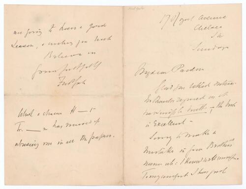 Frederick Gale. Four page handwritten folding letter from Gale to &lsquo;My dear Pardon&rsquo;. In the undated letter the handwriting is difficult to decipher, but the overall theme of the content appears to relate to mistakes appearing in published articles and book
