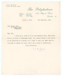 John Edward Kynaston Studd. Middlesex & Cambridge University 1878-1884. Single page typed letter on &lsquo;The Polytechnic, London&rsquo; official letterhead, of which Studd was a founder and President. Dated 8th December 1913, Studd writes to confirm his attendance 