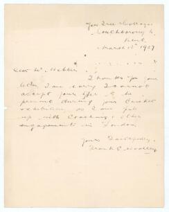 Frank Edward Woolley. Kent & England 1906-1938. Single page handwritten letter from Woolley to a &lsquo;Mr Webber&rsquo;, dated 13th March 1927. Writing from his home in Southborough, Kent, Woolley states &lsquo;I am sorry I cannot accept your offer to be present during yo