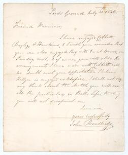 John Broadbridge. Marylebone Cricket Club 1840. Sussex v England. Rare and very early single page handwritten letter in ink from John Broadbridge at Lord&rsquo;s Ground, dated 30th July 1840, to &lsquo;Friend Wenman&rsquo; (Edward Gower &lsquo;Ned&rsquo; Wenman, Kent 1825-1854). Broad
