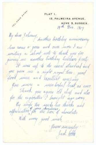 John Berry &lsquo;Jack&rsquo; Hobbs. Surrey & England 1905-1934. Single page handwritten letter in ink dated 19th December 1953. Writing from Hove, Sussex, to &lsquo;Dear Johnny&rsquo;, Hobbs sends his thanks for &lsquo;giving me another birthday luncheon party... a right royal time- 