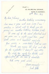 John Berry &lsquo;Jack&rsquo; Hobbs. Surrey & England 1905-1934. Single page handwritten letter in ink dated 19th December 1953. Writing from Hove, Sussex, to &lsquo;Dear Johnny&rsquo;, Hobbs sends his thanks for &lsquo;giving me another birthday luncheon party... a right royal time- 