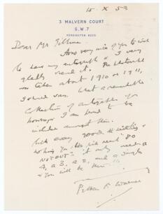 Pelham Francis &lsquo;Plum&rsquo; Warner. Middlesex, Oxford University & England 1894-1920. Single page handwritten letter in ink dated 15th October 1953. Writing soon after celebrating his 80th birthday, Warner is replying to a request from a &lsquo;Mr Gillman&rsquo; for his au