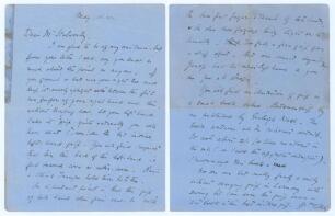 Charles Burgess Fry. Sussex, Hampshire, Oxford University, Europeans & England 1892-1922. Double sided two page handwritten letter in ink from Fry at &lsquo;Hamble, Hants&rsquo;, to a Mr Stalworthy, dated 16th May 1922. Fry is replying to a request for advice on how 