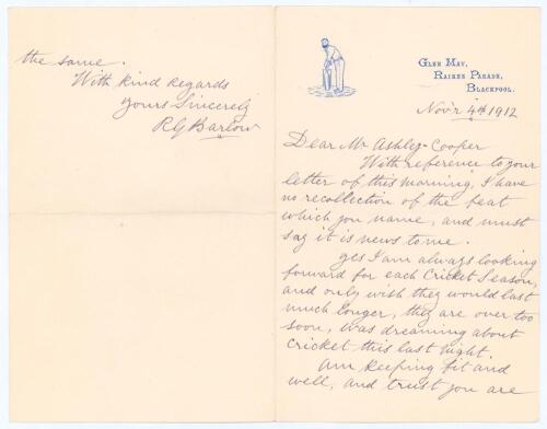 Richard Gorton &lsquo;Dick&rsquo; Barlow&rsquo;. Lancashire, Derbyshire & England 1871-1891. Two page handwritten folding letter in ink from Barlow to F.S. Ashley-Cooper. Dated 4th November 1912, on his personal letterhead in Blackpool, Barlow is replying to an enquiry abo