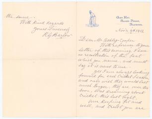 Richard Gorton &lsquo;Dick&rsquo; Barlow&rsquo;. Lancashire, Derbyshire & England 1871-1891. Two page handwritten folding letter in ink from Barlow to F.S. Ashley-Cooper. Dated 4th November 1912, on his personal letterhead in Blackpool, Barlow is replying to an enquiry abo