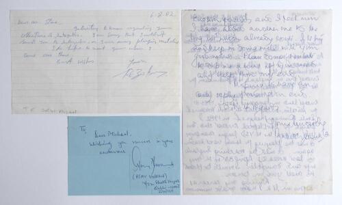 Indian Test cricketers. Three handwritten letters/ notes signed by Indian Test cricketers responding to requests for their autographs. Signatures are Thirumalai Echambadi &lsquo;T.E.&rsquo; Srinivasan (one test 1980/81) dated 6th February 1982, Rakesh Chandra Shukla 