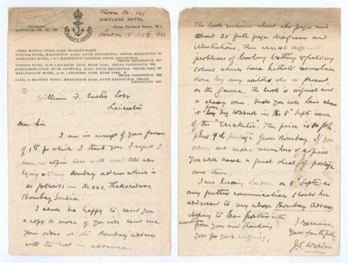 Jehangir Sorabji Warden. Parsis and India 1905/06 to 1925/25. Two page back to back handwritten letter on Portland Hotel, London headed paper from Warden to a William F Curtis of Leicester, the letter dated 3rd September 1923. The letter refers to Warden&rsquo;