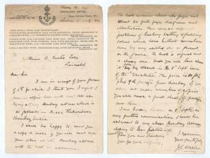 Jehangir Sorabji Warden. Parsis and India 1905/06 to 1925/25. Two page back to back handwritten letter on Portland Hotel, London headed paper from Warden to a William F Curtis of Leicester, the letter dated 3rd September 1923. The letter refers to Warden&rsquo;