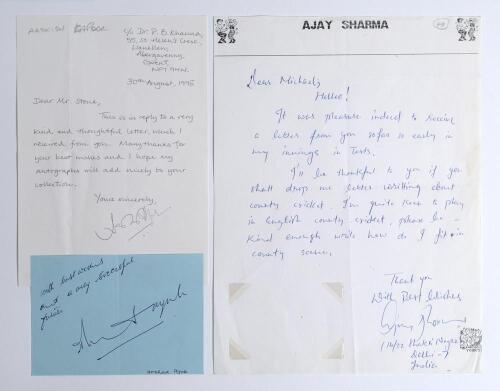 Indian Test cricketers. Three handwritten letters/ notes signed by Indian Test cricketers responding to requests for their autographs. Signatures are Ajay Kumar Sharma (one Test 1987/88) undated, Arshad Ayub (13 Tests 1987/88-1989/90) undated, and Aashish