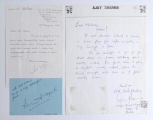 Indian Test cricketers. Three handwritten letters/ notes signed by Indian Test cricketers responding to requests for their autographs. Signatures are Ajay Kumar Sharma (one Test 1987/88) undated, Arshad Ayub (13 Tests 1987/88-1989/90) undated, and Aashish