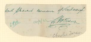Charles Thomas Biass &lsquo;Charlie&rsquo; Turner. New South Wales & Australia 1882-1910. Scrap of a letter on ruled paper very nicely signed in green ink by Turner. An excellent rare signature.