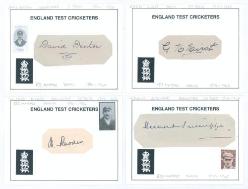 Yorkshire players signatures. Four excellent individual ink signatures of David Denton, George Hirst, Wilfred Rhodes and Herbert Sutcliffe. All of the signatures signed to paper pieces and laid down to individual &lsquo;English Test Cricketers&rsquo; white cards., Ve