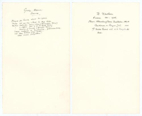 George Brann and Billy Newham. Sussex C.C.C. Two large sheets of large &lsquo;ledger&rsquo; size paper (9.5&rdquo;x15.5&rdquo;), each very nicely signed in ink to the top of the page by the featured player who has then proceeded to write his career highlights below. One sheet is