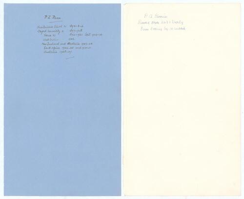 Frederick Fane and Percy Perrin. Essex C.C.C. Two sheets of large &lsquo;ledger&rsquo; size paper (9.5&rdquo;x15.5&rdquo;), each very nicely signed in ink to the top of the page by the featured player who has then proceeded to write his career highlights below. One sheet is for 